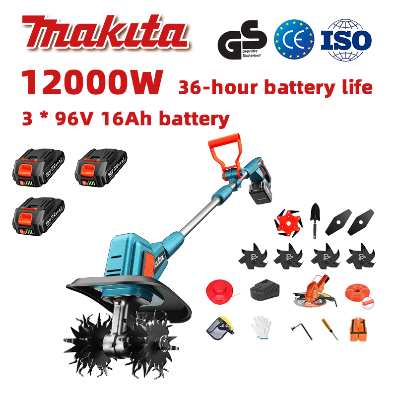 (Baterijos veikimo laikas 36 valandos) 12000 W plūgas + 96 V 16 Ah ličio akumuliatorius * 3 + greitas įkroviklis * 1 + kastuvas * 1 + tiesus peilis * 2 + plūgo peilis * 4 + lydinio pjūklo peilis * 1 + pjovimo peilis * 1 + pjovimo virvė * 1 + įvairūs priedai