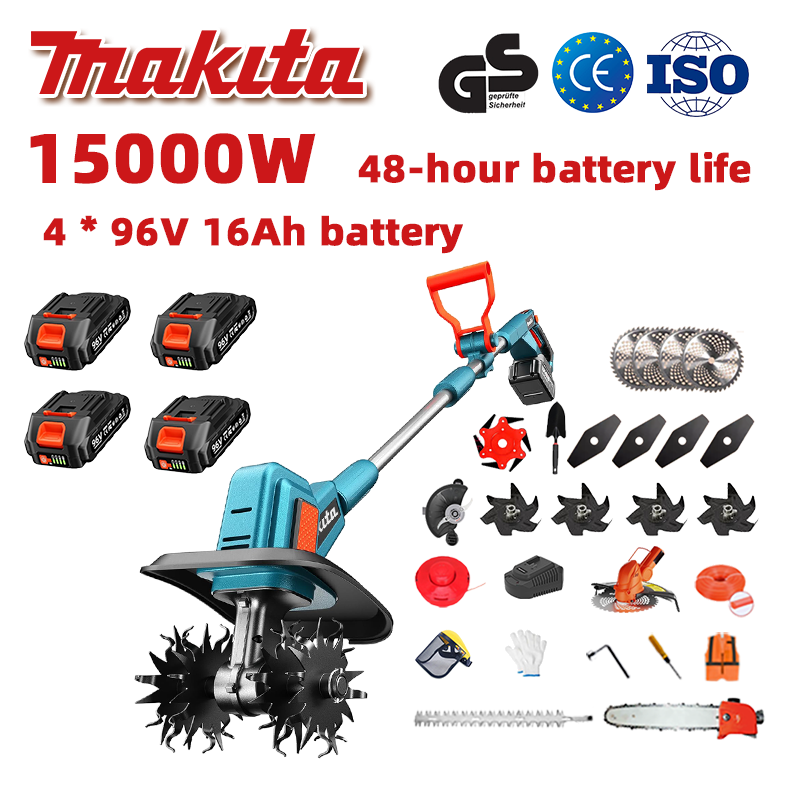 (Baterijos veikimo laikas 48 valandos) 15000 W plūgas + 96 V 16 Ah ličio baterija * 4 + peilis * 4 + pjūklas * 1 + gyvatvorių žirklių galvutė * 1 + greitas įkroviklis * 1 + kastuvas * 1 + tiesus peilis * 4 + plūgo peilis * 4 + lydinio pjūklo peilis * 1 + pjovimo peilis * 1 + pjovimo virvė * 1 + įvairūs priedai